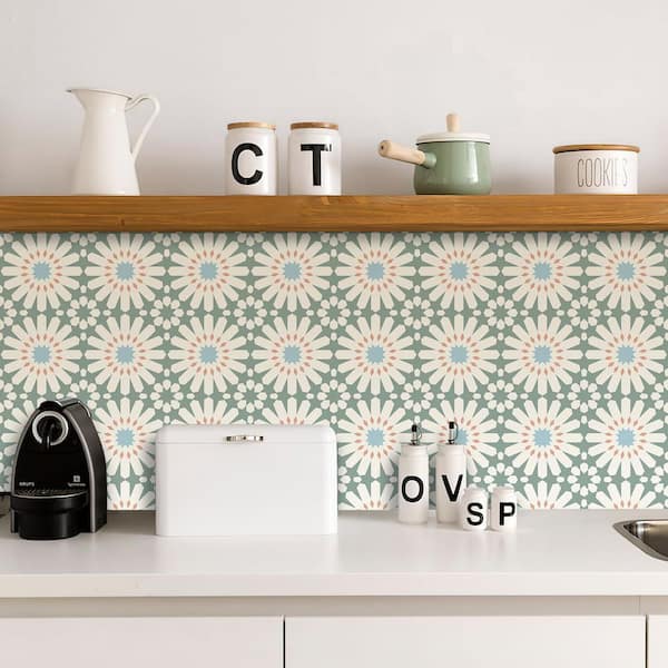 Green and White Floral 7.87 in. x 7.87 in. Vinyl Peel and Stick Backsplash 20-Pack