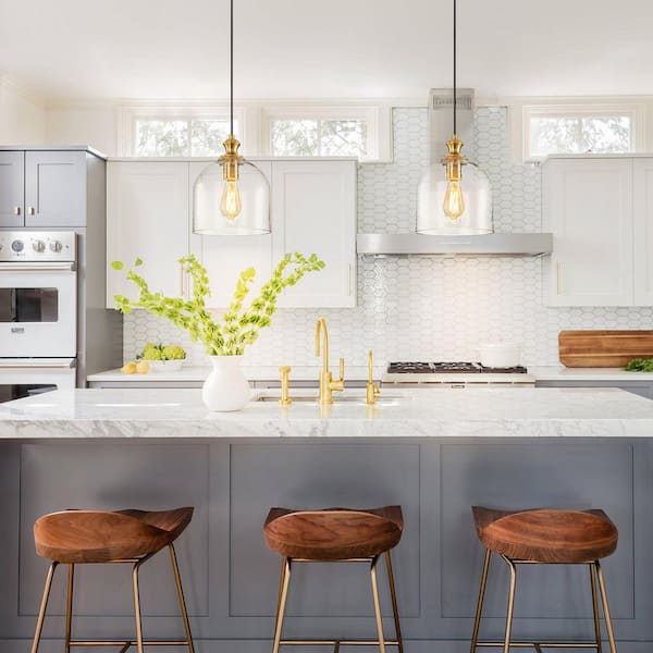 Julia 60-Watt 1-Light Modern Gold Industrial Pendant Light with Bell Shape Clear Hammered Glass Shade