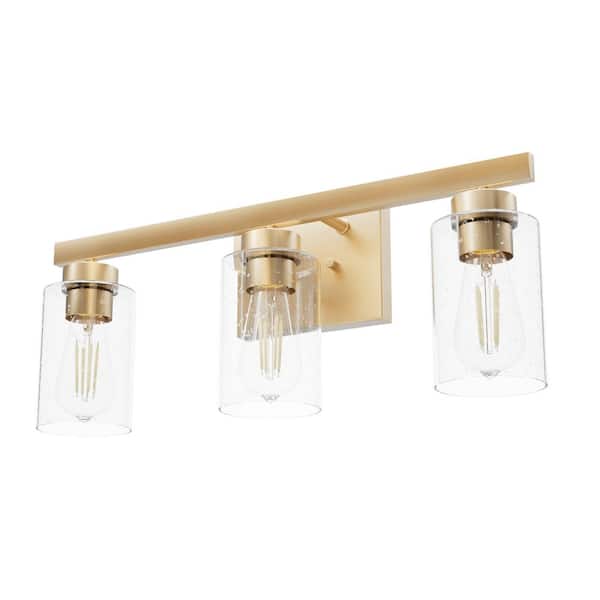Hartland 13 in. 3-Light Alturas Gold Vanity Light with Clear Seeded Glass Shades
