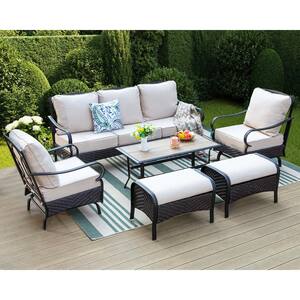 Black Rattan 7 Seat 6-Piece Steel Outdoor Patio Conversation Set with Beige Cushions, Table with Wood-Grain Top
