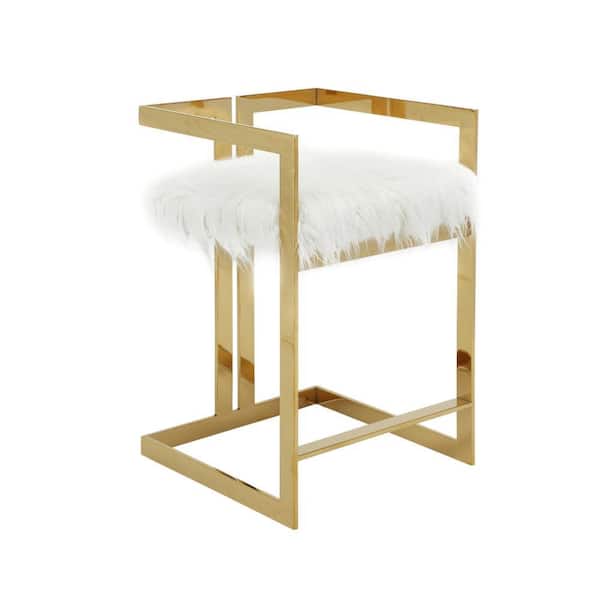 Benjara 25.5 in. White and Gold Low Back Metal Frame Bar Stool with Fabric Seat