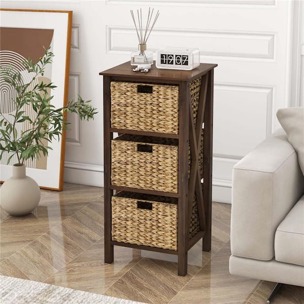 Walnut and Natural 31.5 in. H Storage Cabinet with 3 Seagrass Baskets Rubber Wood X-Shaped Frames 3 Drawers