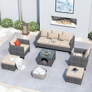Gaia Gray 6-Piece Wicker Outdoor Patio Conversation Seating Set with Beige Cushions