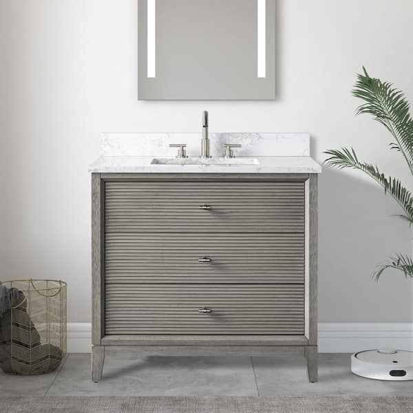 36 in. W Single Sink Freestanding Driftwood Gray Bath Vanity Cabinet with Arabescato White Engineered Marble Top