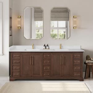 Tokyo 84 in. W. x 22 in. D x 33.9 in. H Double Bath Vanity in Aged Dark Brown Oak with Silk White Quartz Stone Top