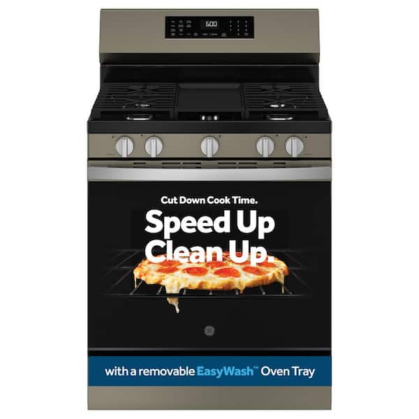 GE 30 in. 5-Burners Smart Free-Standing Gas Convection Range in Slate with EasyWash Oven Tray And No-Preheat Air Fry