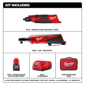 M12 12V Lithium-Ion Cordless Brushless Rotary Tool Kit with M12 12V Lithium-Ion Cordless 3/8 in. Ratchet