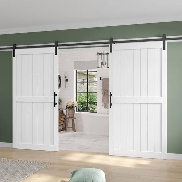 84 in. x 84 in. (Double 42 in doors) White Paneled H Shape Solid MDF Sliding Barn Door with Hardware Kit