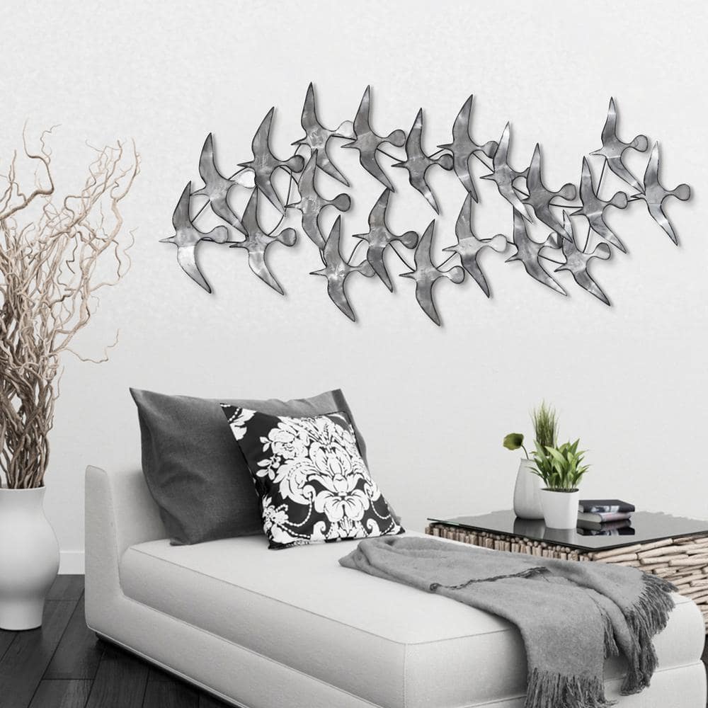 Hand Painted Silver Metal Bird Wall Sculpture, 52" x 22.8"