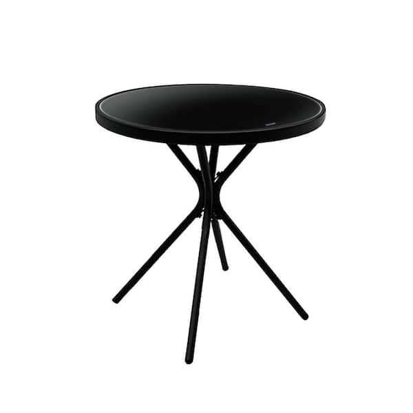 Metal Frame Outdoor Patio Side Table Bistro Table Round with Tempered Glass Tabletop in Black