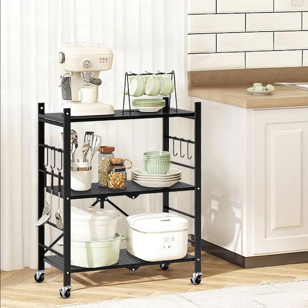 3-Tier Collapsible Storage Shelves Folding Pantry Shelves Wire Shelving in with 20 Hooks, Black