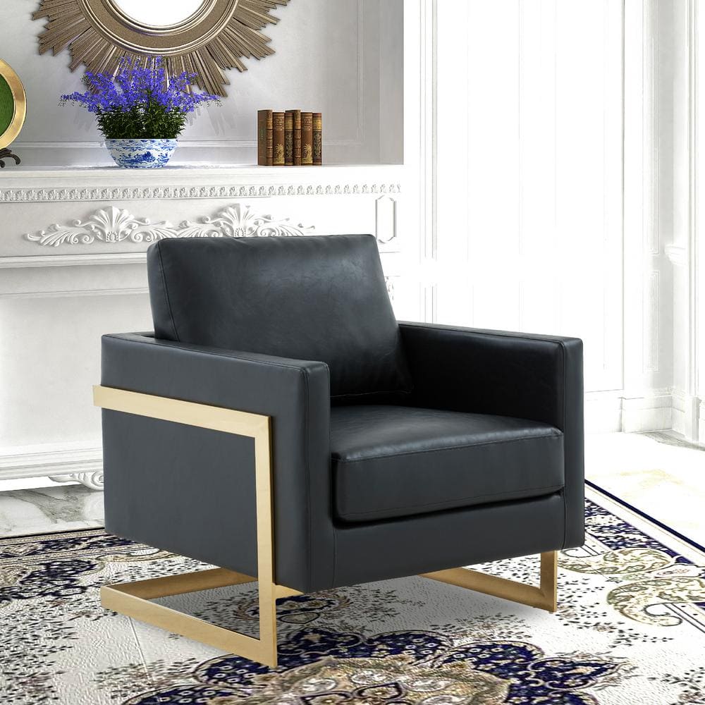 Elegant Lincoln Black Leather & Wood Accent Chair with Gold Accents