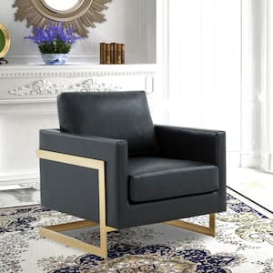 Lincoln Modern Gold Frame Black Leather Upholstered Accent Armchair