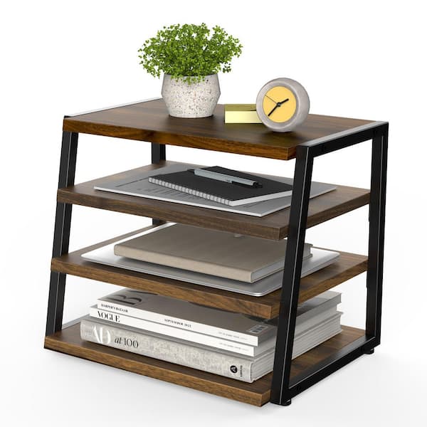 14.6 in. x 12.1 in. Brown 4 Tier File Organizer, Wood Metal Desk Shelf Organizer Storage Rack for Office Supplie