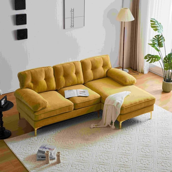 Polibi 83 in. Modern Square Arm Velvet L-Shaped Sofa, Couches for Living Room, Bedroom in Yellow