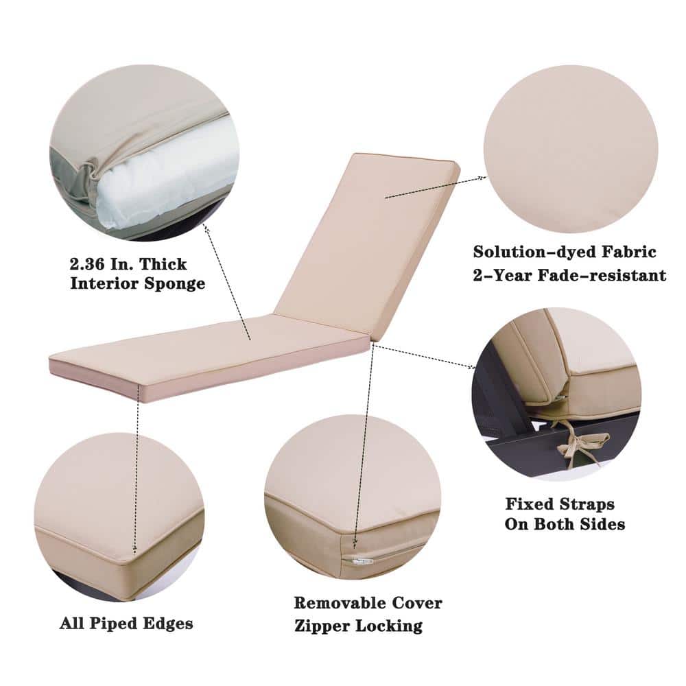 Beige Polyester Outdoor Chaise Lounge Cushion Set