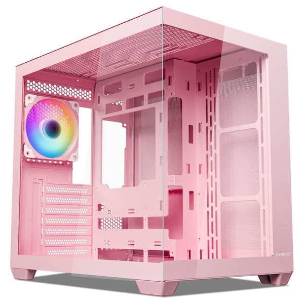 ATX PC Case with 270° Full View Tempered Glass, ARGB and PWM FDB Fan, 360mm Radiator Support, Type-C Ready, Pink