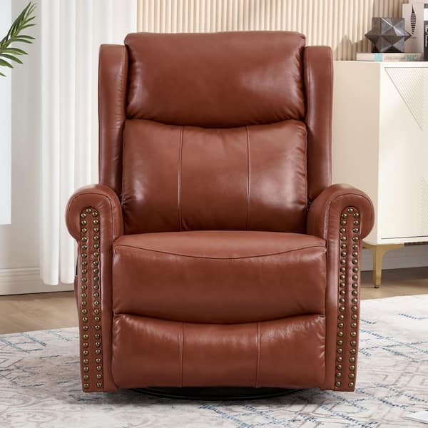 Chestnut Brown Genuine Leather Manual Swivel Glider Recliner Chair with Massage and Heat, Nailhead Trim, Side Pocket