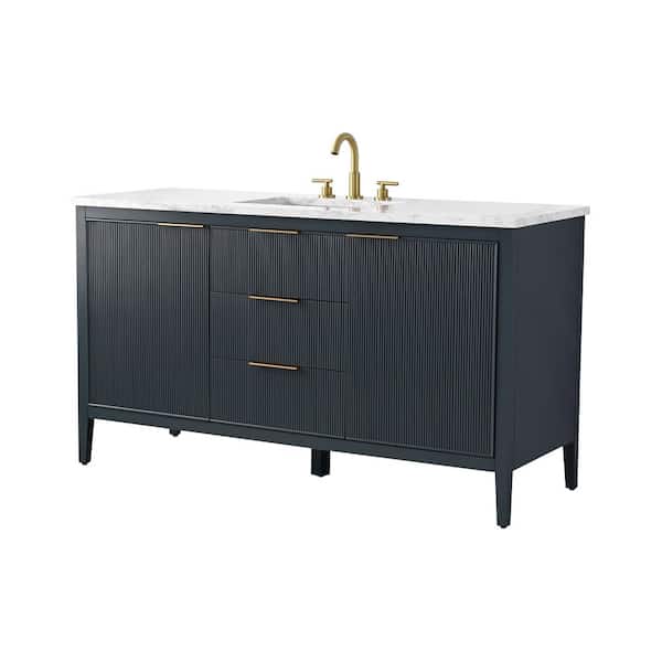 Emma 60 in. W Bath Vanity in Vintage Blue with Engineered Stone Top in Arabescato with White Sink
