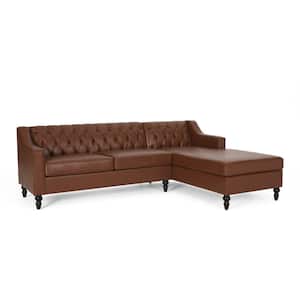 Derudder 97 in. 2-Piece Faux Leather Cognac Brown and Dark Brown Tufted Chaise Sectional
