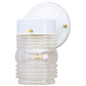 1-Light White Steel Exterior Jelly Jar Wall Lantern Sconce with Clear Glass