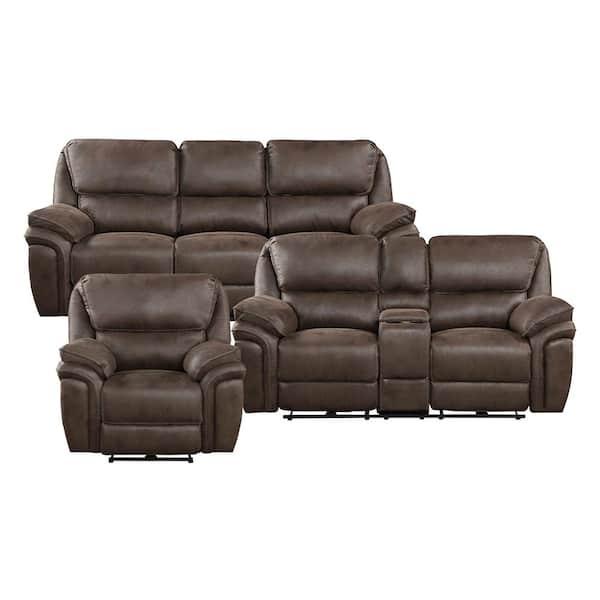 Lazzara Arlo 90 in. W Pillow Top Arm Microfiber Rectangle 3-Piece Power Reclining Sofa Set in Brown