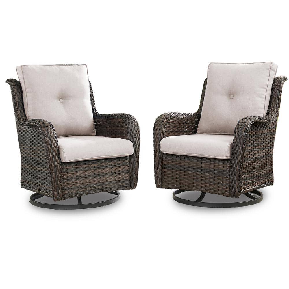 Brown Wicker Swivel Glider Club Chairs with Beige Cushions