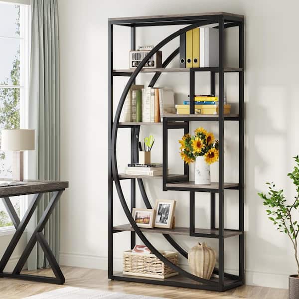 70.8 in. Tall Grey and Black Engineered Wood 8-Shelf Bookcase Open Storage Display Shelves for Home Office