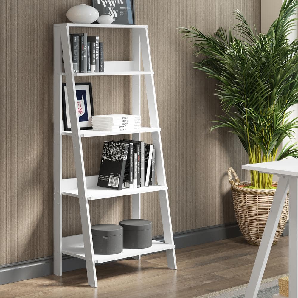 White 55" Wood Ladder Bookcase with 4 Shelves