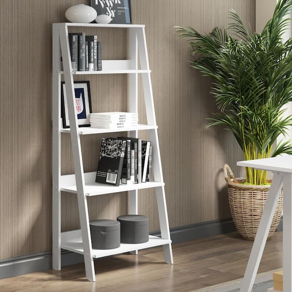 White Wood 4 Shelf Ladder Bookcase, White Leaning Bookcase Ikea