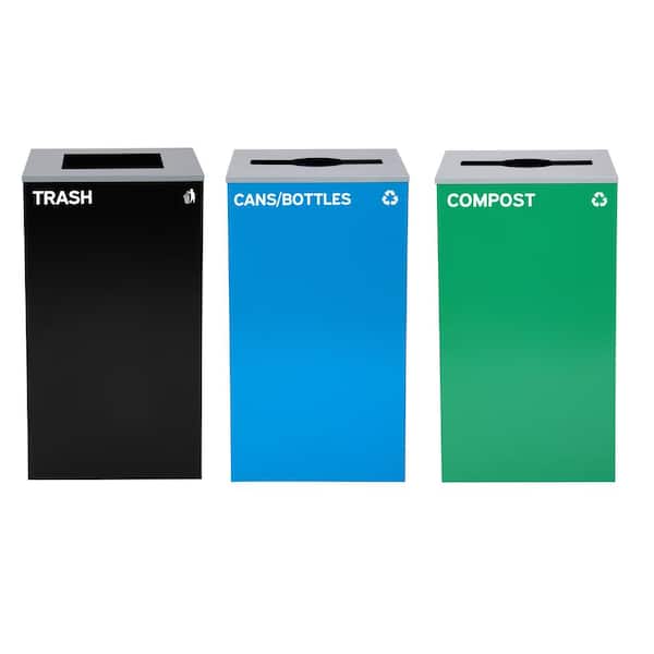 Alpine Industries 87 Gal. 3-Stream Steel Mixed Open Top Commercial Trash Can Recycling Compost Receptacle Station with Square Lid