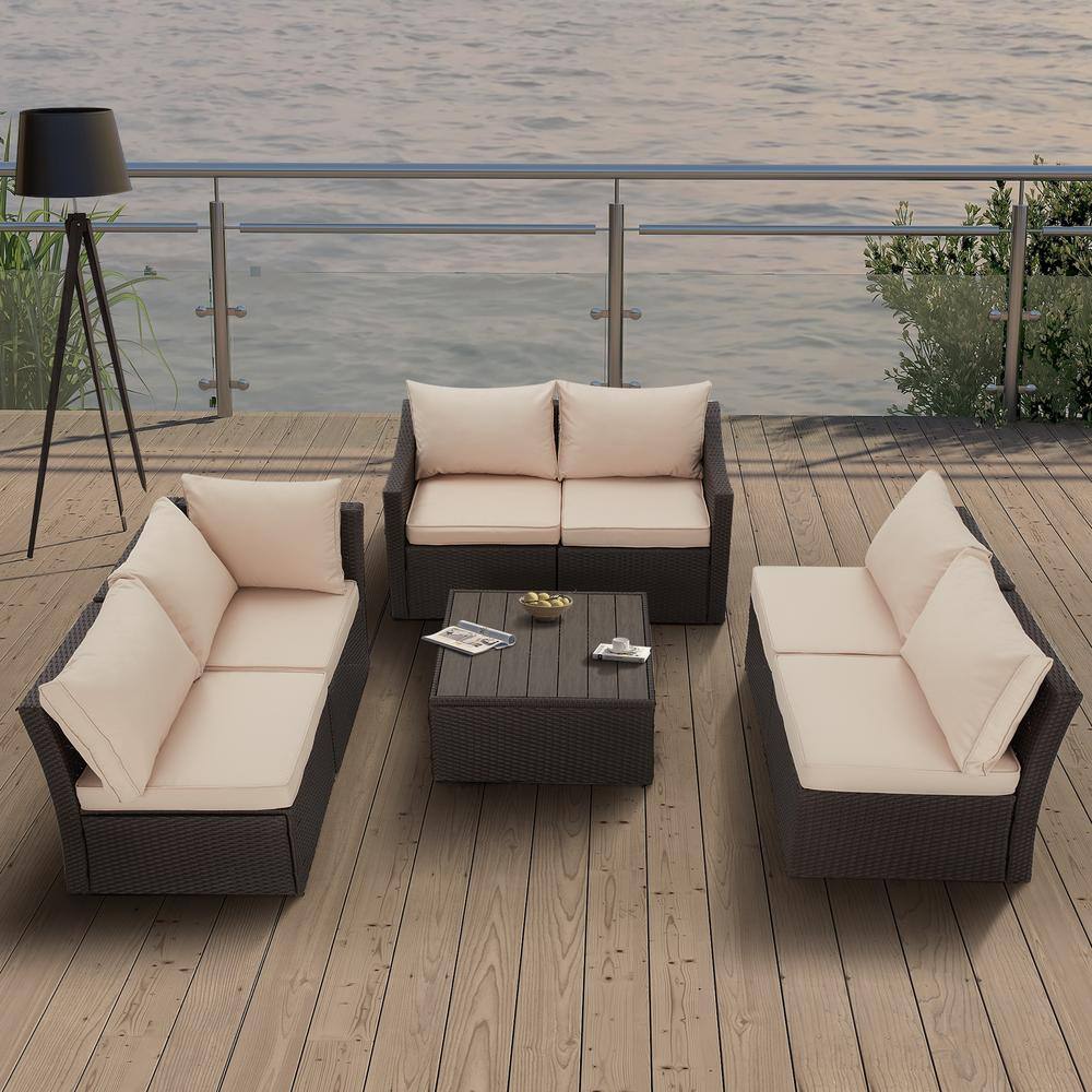 7-Piece PE Wicker Outdoor Sofa Sectional Set with Khaki Cushions and Storag