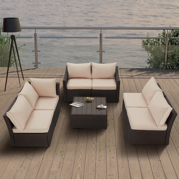 Unbranded 7-Piece PE Wicker Outdoor Sofa Sectional Set with Khaki Cushions and Storage Coffee Table, for Garden, Lawn, Balcony
