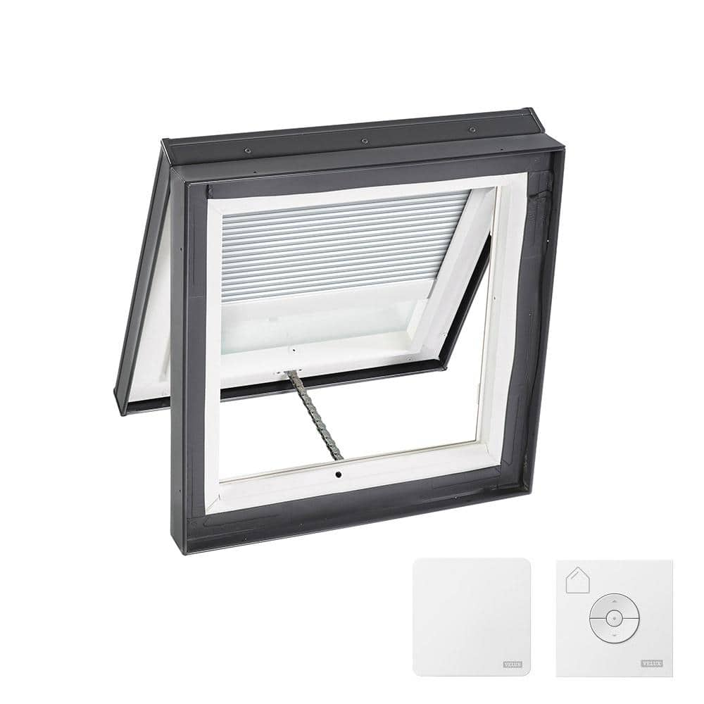 22-1/2 in. x 22-1/2 in. Venting Curb Mount Skylight w/ Laminated Low-E3 Glass, White Solar Powered Room Darkening Shade -  VELUX, VCM2222204CS00X