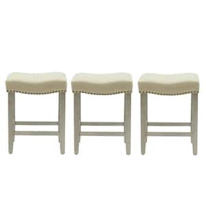 Jameson 24 in. Counter Height Antique Gray Wood Backless Nailhead Barstool with Beige Linen Saddle Seat (Set of 3)