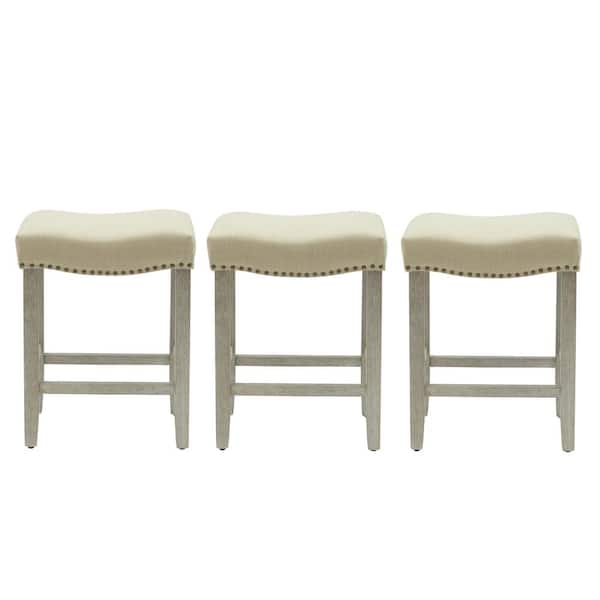 Jameson 24 in. Counter Height Antique Gray Wood Backless Nailhead Barstool with Beige Linen Saddle Seat (Set of 3)
