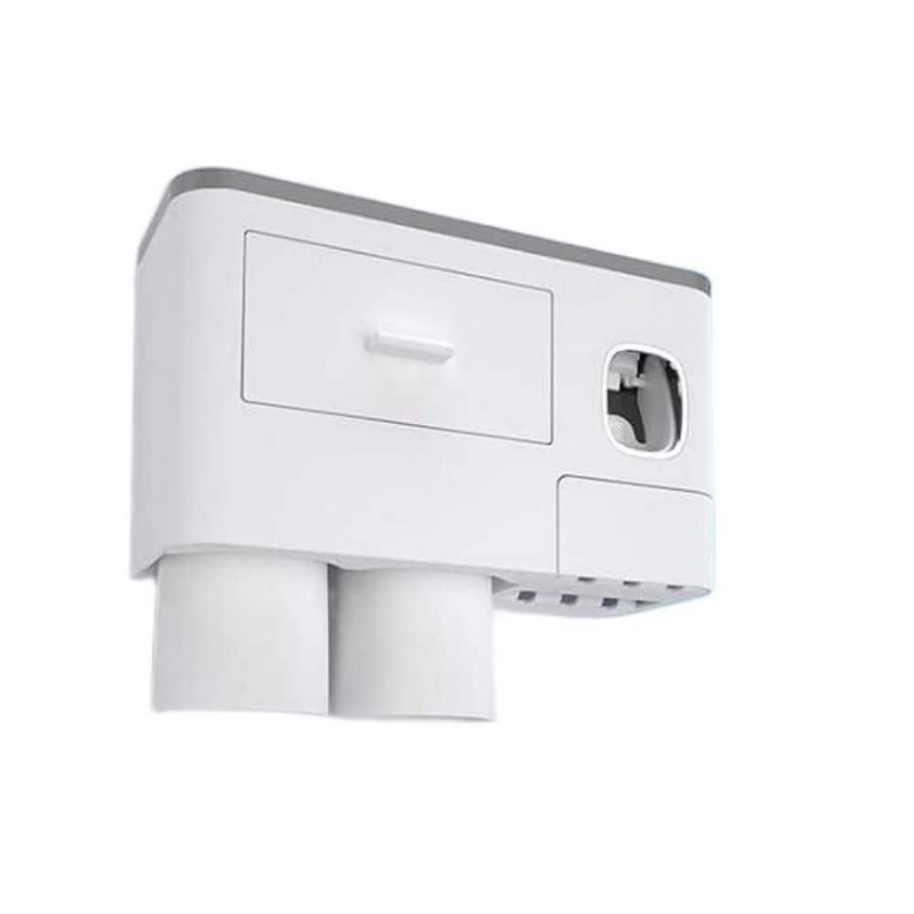 White Plastic 2 Cups Toothbrush Holders for Bathrooms with Toothpaste Dispenser, Large Capacity Tray, Cosmetic Drawer
