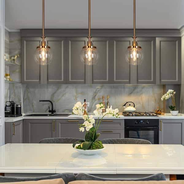 Orbline Modern Minimalist 1-Light Plated Brass Mini Chandelier Island Pendant with Clear Globe Glass Shade Foyer Lantern
