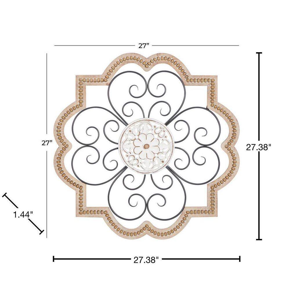 Brown and White Wooden Floral Scroll Wall Sculpture with Metal Accents