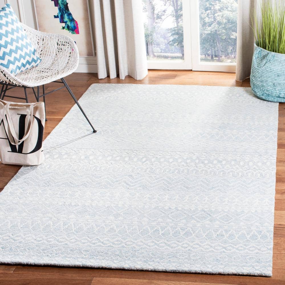 Aqua and Ivory Hand-Tufted Wool Area Rug 9' x 12'