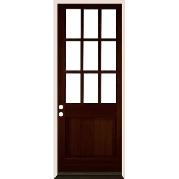 Krosswood Doors 36 in. x 96 in. Farmhouse Beveled 9-Lite Clear Glass Right Hand Red Mahogany Stain Hemlock Wood Prehung Front Door