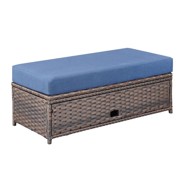 Brown Wicker Outdoor Sofa Ded Loveseat Ottoman for Garden Porch with Blue Cushions