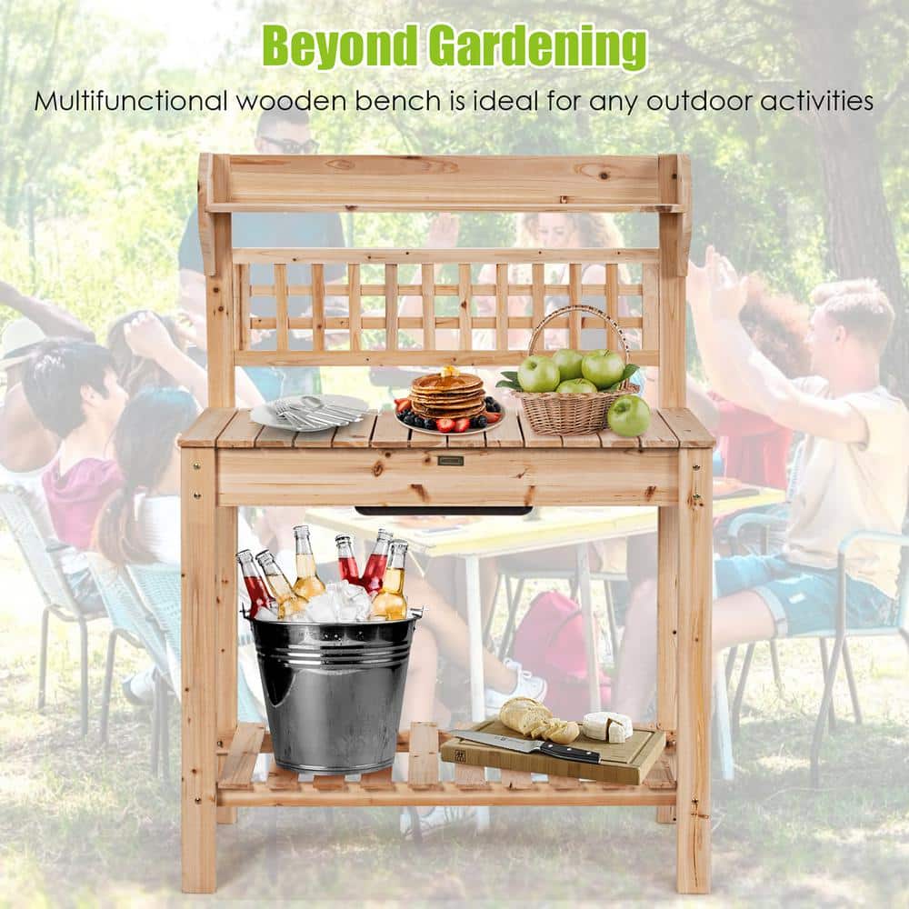 Natural Fir Wood Garden Potting Bench with Sliding Tabletop and Sink