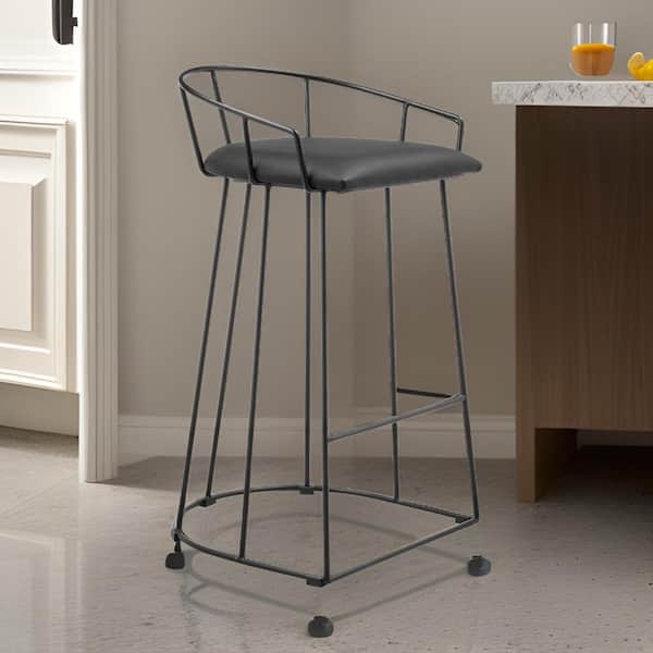 Benjara 26.5 in. Black Low Back Metal Frame Bar Stool with Faux Leather Seat