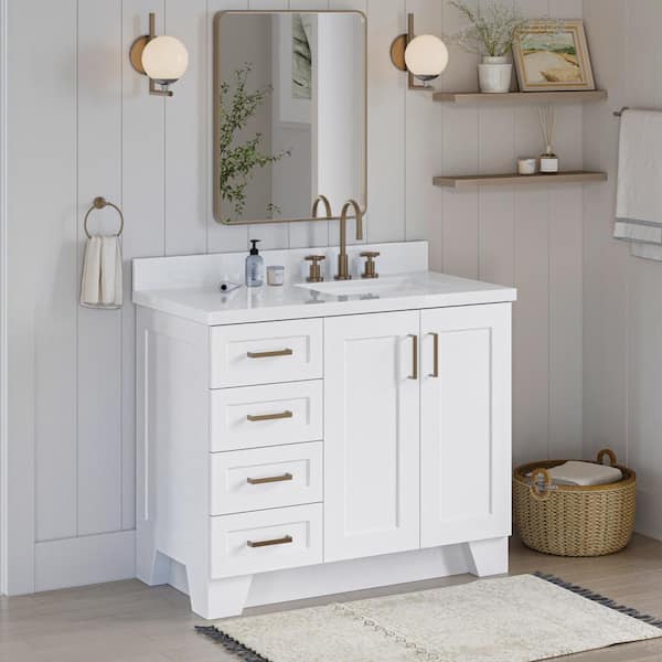 ARIEL Taylor 43 in. W x 22 in. D x 36 in. H Freestanding Bath Vanity in White with Pure White Quartz Top