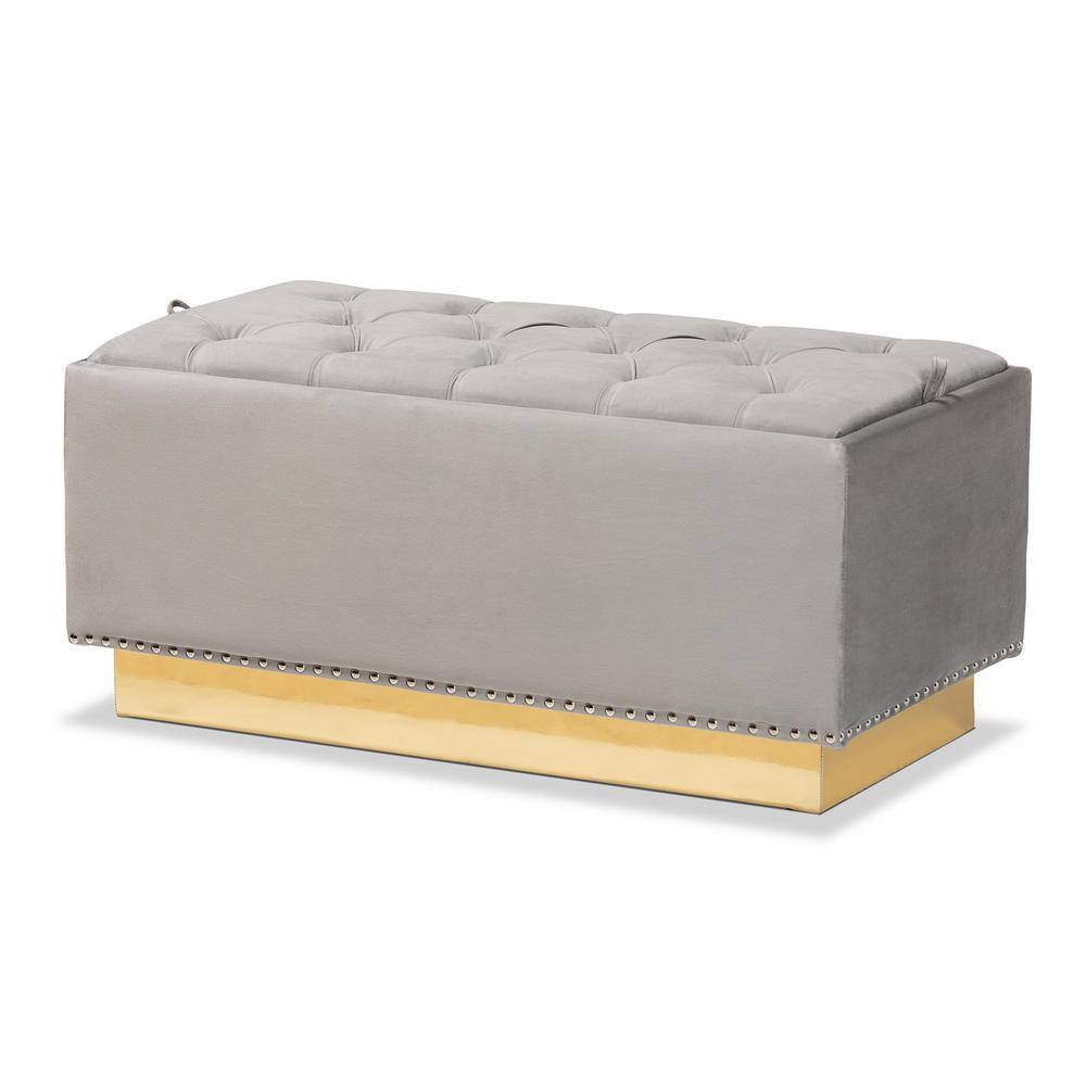 Luxurious Grey Velvet and Gold PU Leather Tufted Storage Ottoman
