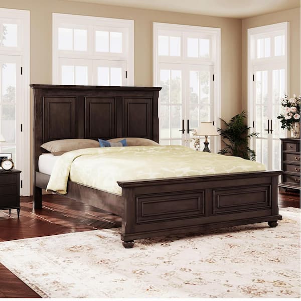 Harper & Bright Designs Rich Brown Vintage Style Wood Frame Queen Size Platform Bed with Sturdy Pinewood Frame and Legs