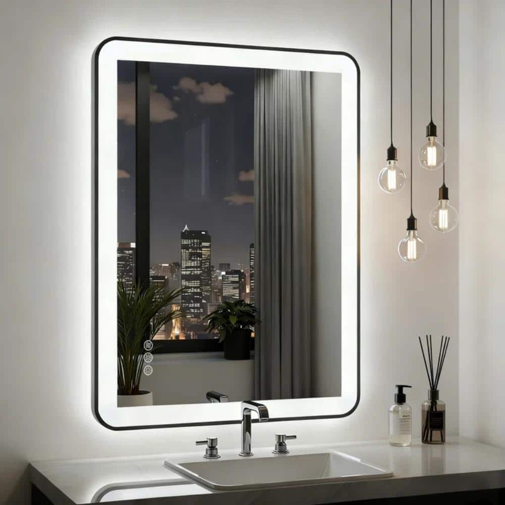 Dual Backlit&Front Lights LED Wall Mirror, Rounded Corner Matte Black Metal Framed Bathroom Mirror price history on PriceWatchPro