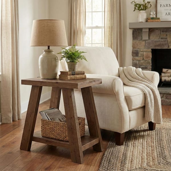 27.6 in. Brown Rectangle Solid Wood End Table with Storage, 2-Tier Narrow Side Table for Living Room, Nightstand Bedroom