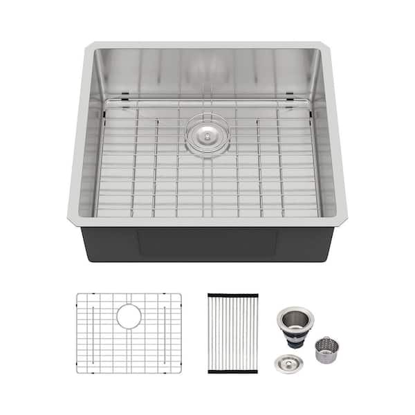 25 in. Undermount Single Bowl 16-Gauge Brushed Stainless Steel Kitchen Sink with Drying Rack and Bottom Grid